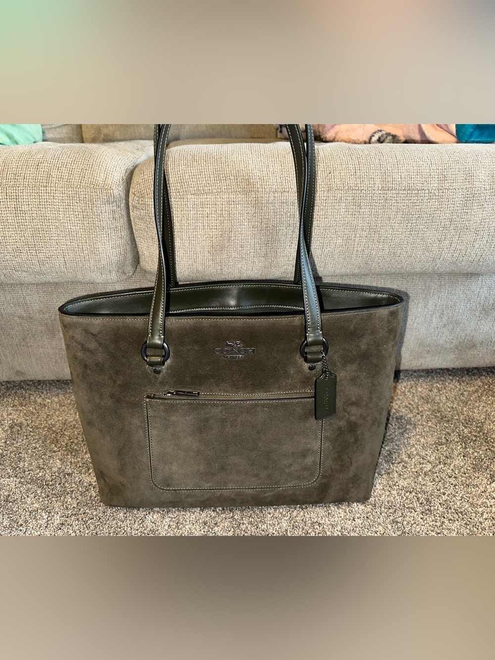 Coach Olive Suede Tote with Leather Trim